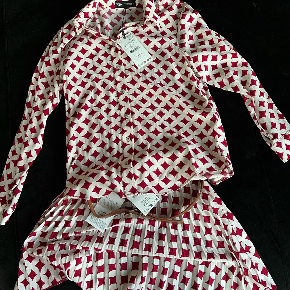 Zara Red and White belted skirt Set